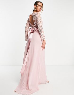 TFNC Bridesmaids chiffon maxi dress with lace scalloped back and long sleeves in mauve-Pink