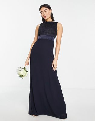TFNC Bridesmaids chiffon maxi dress with lace scalloped back in navy