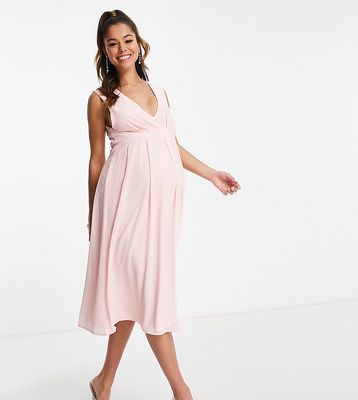 TFNC Maternity Bridesmaid chiffon v front midi dress with pleated skirt in whisper pink