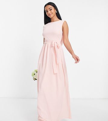 TFNC Petite Bridesmaid chiffon maxi dress with deep cowl back in whisper pink