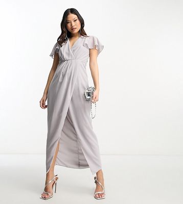 TFNC Petite Bridesmaid chiffon wrap front midi dress with flutter sleeve in gray