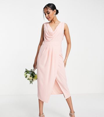 TFNC Petite Bridesmaid chiffon wrap midi dress with cowl neck front and back in whisper pink