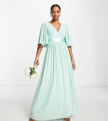 TFNC Petite Bridesmaid kimono sleeve pleated maxi dress with angel sleeve in fresh sage-Green