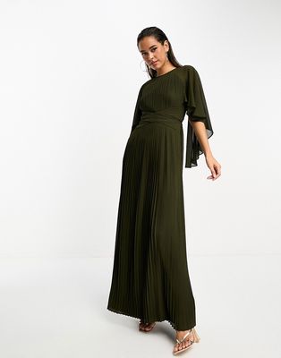 TFNC pleated maxi dress with cape detail in olive-Green