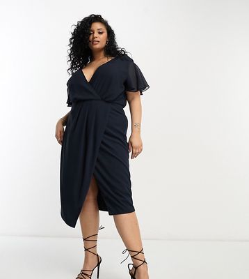 TFNC Plus Bridesmaid chiffon wrap front midi dress with flutter sleeve in navy