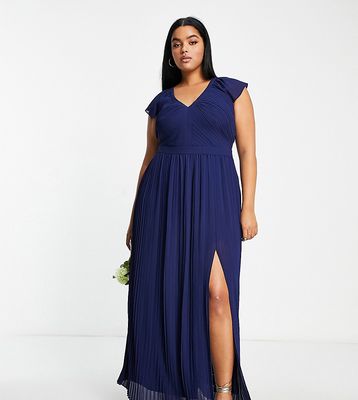 TFNC Plus Bridesmaid pleated maxi dress in navy blue
