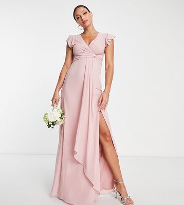 TFNC Tall Bridesmaid flutter sleeve ruffle detail maxi dress in blush-Pink