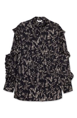 Thakoon Floral Print Ruffle Sleeve Button-Up Shirt in Black