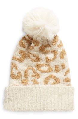The Accessory Collective Kids' Animal Print Faux Fur Pompom Beanie in Beige