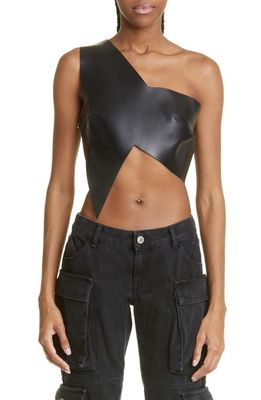 The Attico Astra One-Shoulder Leather Crop Top in Black
