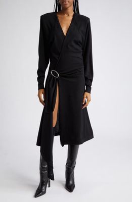 The Attico Atwell Wool Long Sleeve Wrap Dress in Black