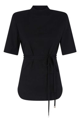 The Attico Aurelie Belted Cotton Jersey Shoulder Pad T-Shirt in Black