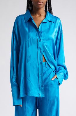 The Attico Diana Oversize Split Hem Jacquard Satin Button-Up Shirt in Capri Blue