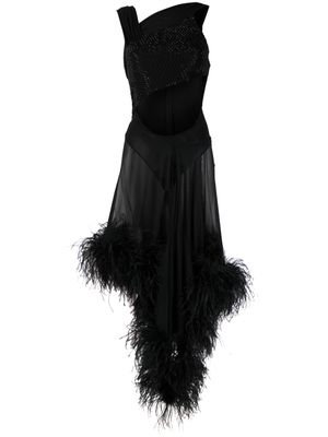 The Attico feather-trimmed asymmetric dress - Black