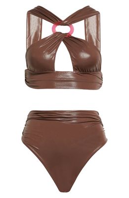The Attico Halter Ring Two-Piece Swimsuit in Coffee