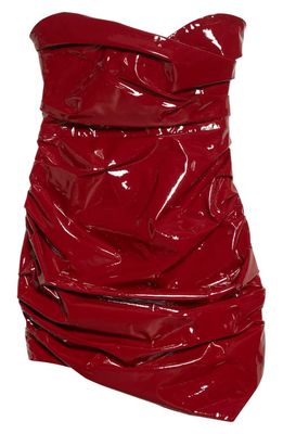 The Attico Hania Ruched Patent Leather Strapless Dress in Wine Red