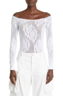 The Attico Kim Off the Shoulder Floral Lace Bodysuit in White