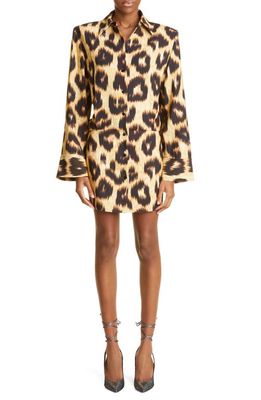 The Attico Margot Leopard Print Long Sleeve Twill Mini Shirtdress in Black/Brown
