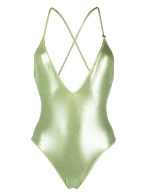 The Attico metallic-sheen V-neck swimsuit - Green