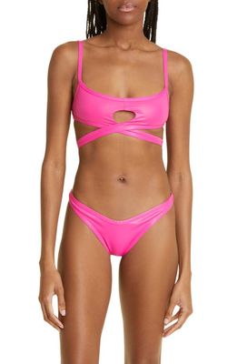 The Attico Wrap Up Crossover Keyhole Cutout Two-Piece Swimsuit in Fuchsia