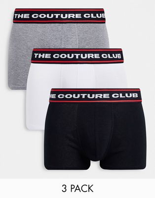 The Couture Club 3 pack boxers with red tipping in black white gray