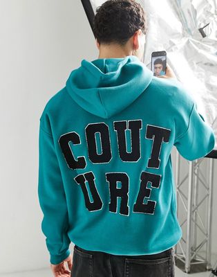 The Couture Club hoodie in teal with chenille logo patchwork-Blue