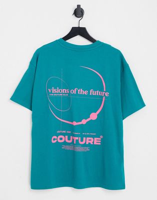 The Couture Club oversized T-shirt in teal with futuristic placement print-Blue