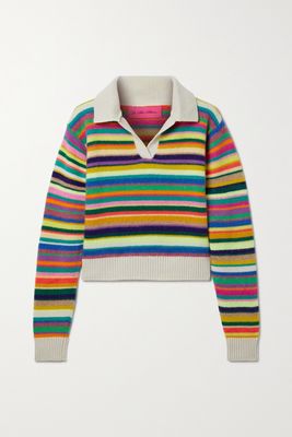 The Elder Statesman - Cropped Striped Cashmere Polo Sweater - Green