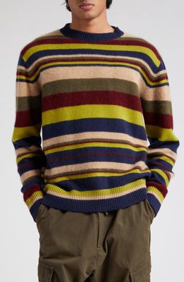 The Elder Statesman Mood Stripe Cashmere Sweater in Nvy/Cml/Olv/Mrn/Pea