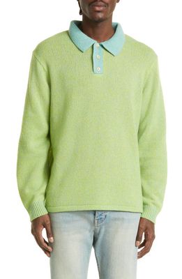 The Elder Statesman Nimbus Rugger Cashmere & Cotton Polo Sweater in Chartreuse /Juniper