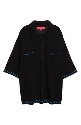 The Elder Statesman Nimbus Whipstitch Trim Cashmere & Cotton Button-Up Knit Shirt in Black W/Santorini - C676