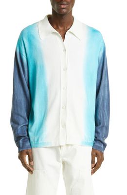 The Elder Statesman Scape Tie Dye Organic Cotton & Cashmere Button-Up Knit Shirt in Ivory W/Aqm/Oxb - C650