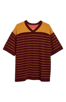 The Elder Statesman Skipper Stripe Football Short Sleeve Cashmere Sweater in Maroon/Apricot/Sunshine