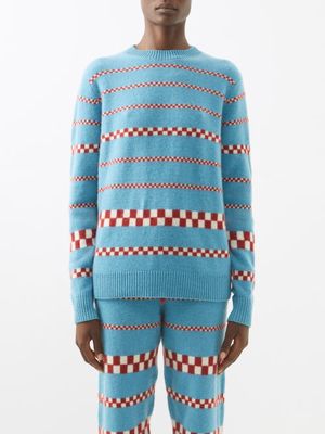 The Elder Statesman - Speed Check-intarsia Cashmere Sweater - Womens - Blue Red