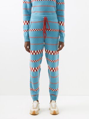The Elder Statesman - Speed Check-intarsia Cashmere Track Pants - Womens - Blue Red