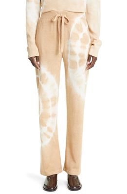 The Elder Statesman Spiral Tie Dye Wide Leg Merino Wool & Cashmere Lounge Pants in Ivory/Khaki
