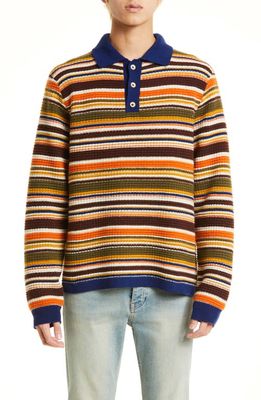 The Elder Statesman Stripe Waffle Knit Cashmere Polo Sweater in Mdn/Ivr/Mst/Cac/Olv/Trc