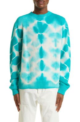 The Elder Statesman Wavey Tie Dye Cashmere Sweater in Ivory W/Teal