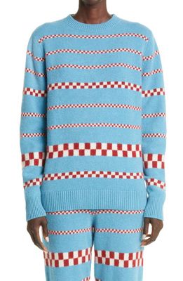 The Elder Statesman Women's Checkerboard Stripe Cashmere Sweater in Adriatic/Ivory/Brick