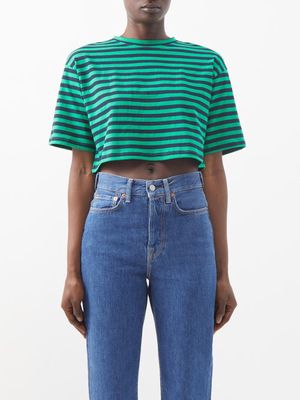 The Frankie Shop - Karina Striped Cotton-jersey Cropped Top - Womens - Green Navy