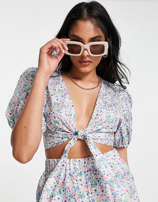 The Frolic Cara tie front beach top in floral disty print - part of a set-Multi