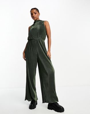 The Frolic fall floral print plisse halter jumpsuit in brown-Green