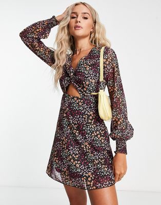 The Frolic flippy mini tea dress with mesh sleeves and twist front in micro floral-Multi