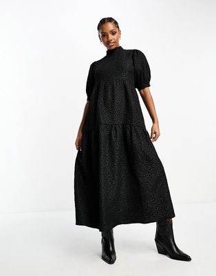 The Frolic jaquard tiered maxi smock dress in black