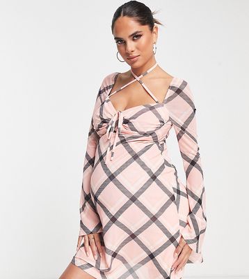 The Frolic Maternity check mesh sleeve mini dress in pale pink