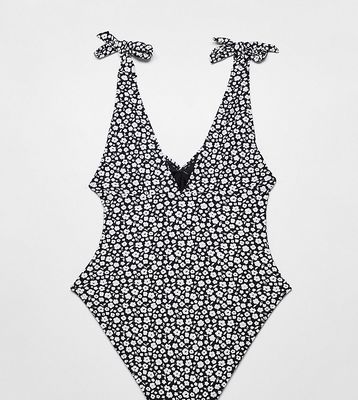 The Frolic Maternity plunge swimsuit in black & white floral ditsy print-Multi