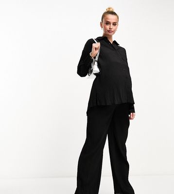 The Frolic Maternity tourmaline shirred wide long pants in black pleated texture - part of a set