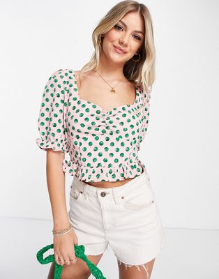 The Frolic milkmaid top with puff sleeves in watercolor spot-Pink