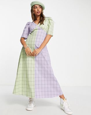 The Frolic mix and match gingham midi dress in lilac and green-Multi