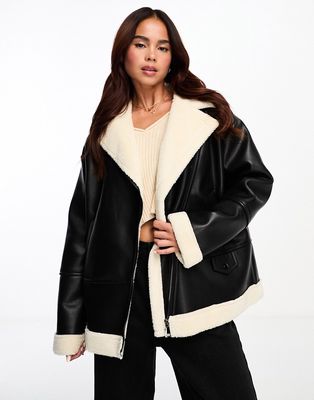The Frolic oversized aviator jacket in black and cream